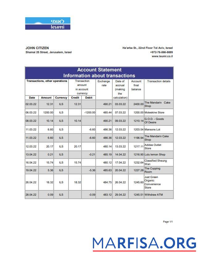 Blank Israel Leumi bank statement excel download for verification